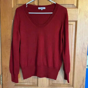 Women's Red Merino Wool V-Neck Sweater for the Holidays